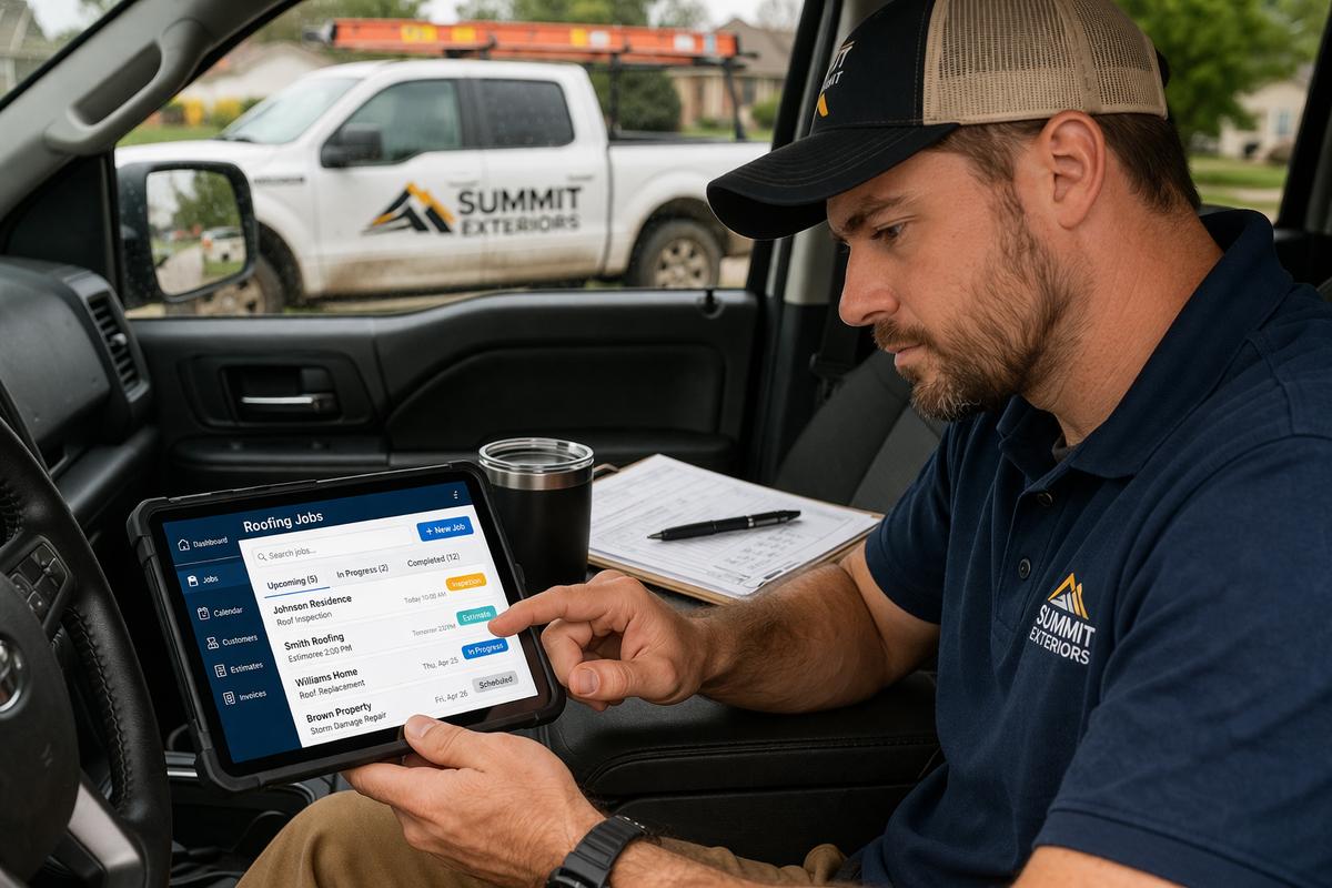 Roofing contractor using CRM software on a computer screen