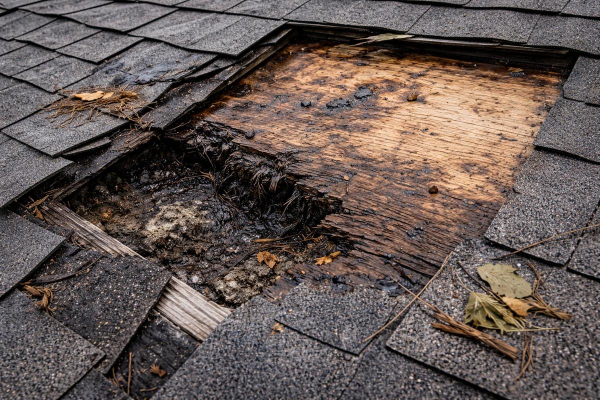 Close-up of damaged roof showing cracked shingles, water stains, and deteriorated decking