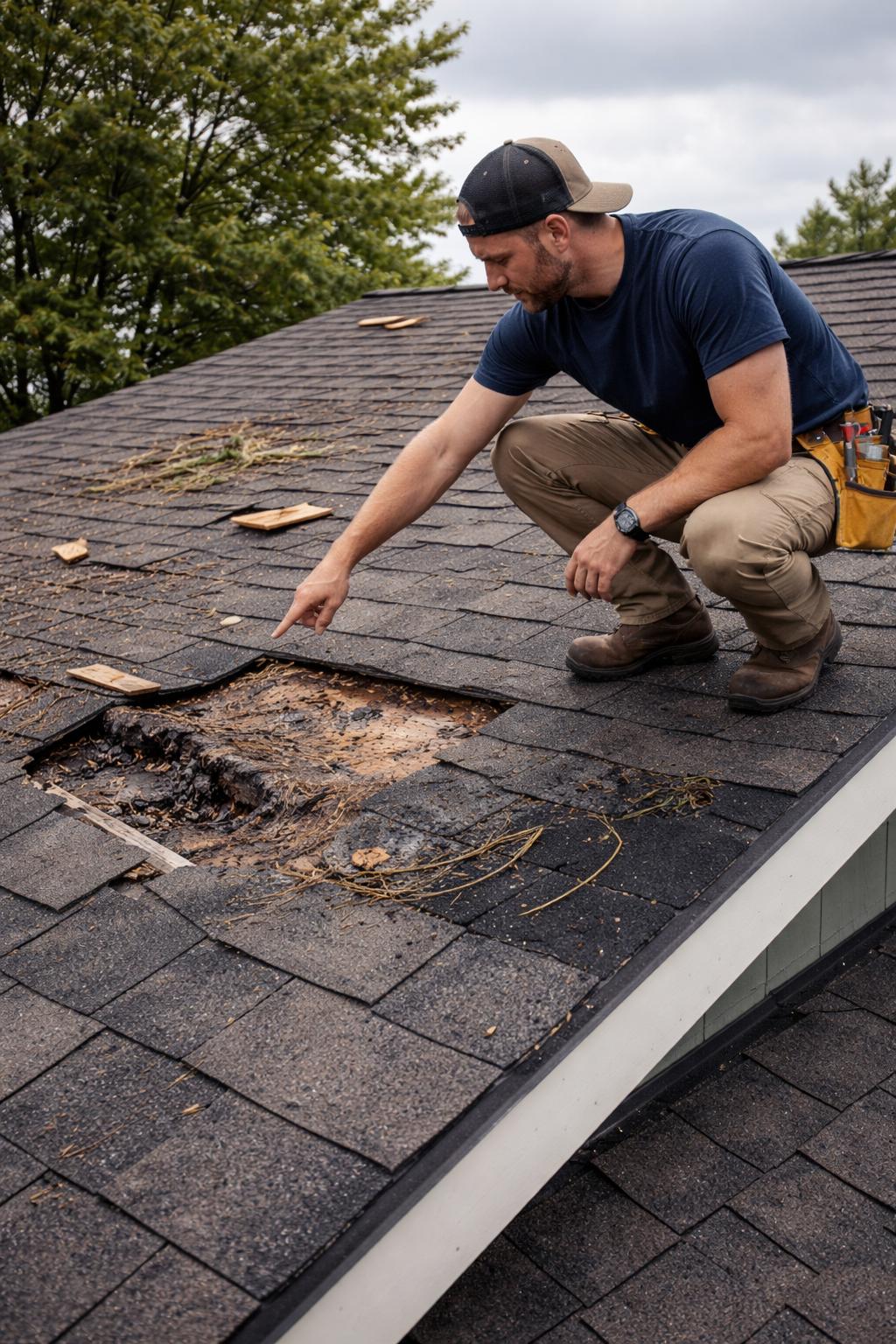 Contractor inspecting a roof and documenting damage with a phone