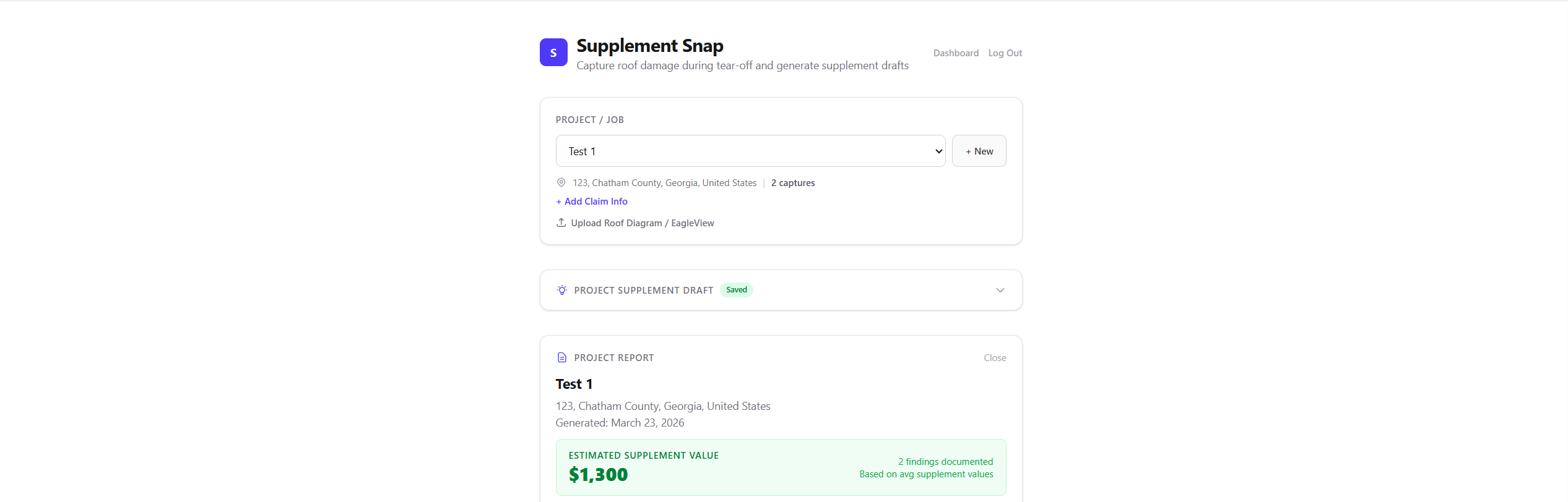 Supplement Snap app showing project with $1,300 estimated supplement value and damage capture workflow