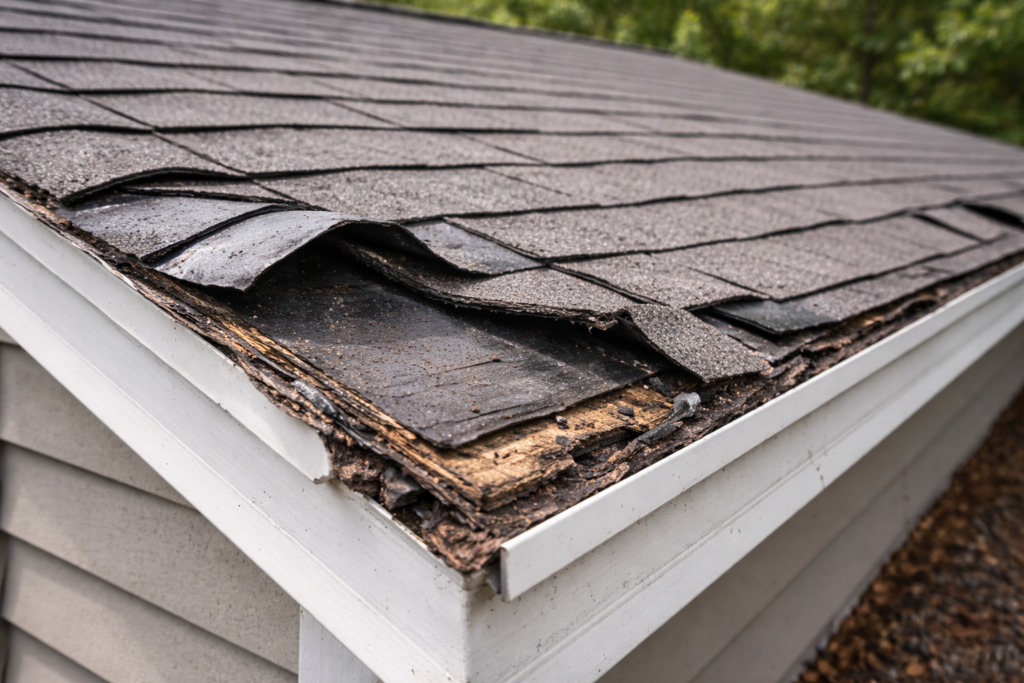 Roof mid-tear-off showing exposed decking and damaged shingles being removed