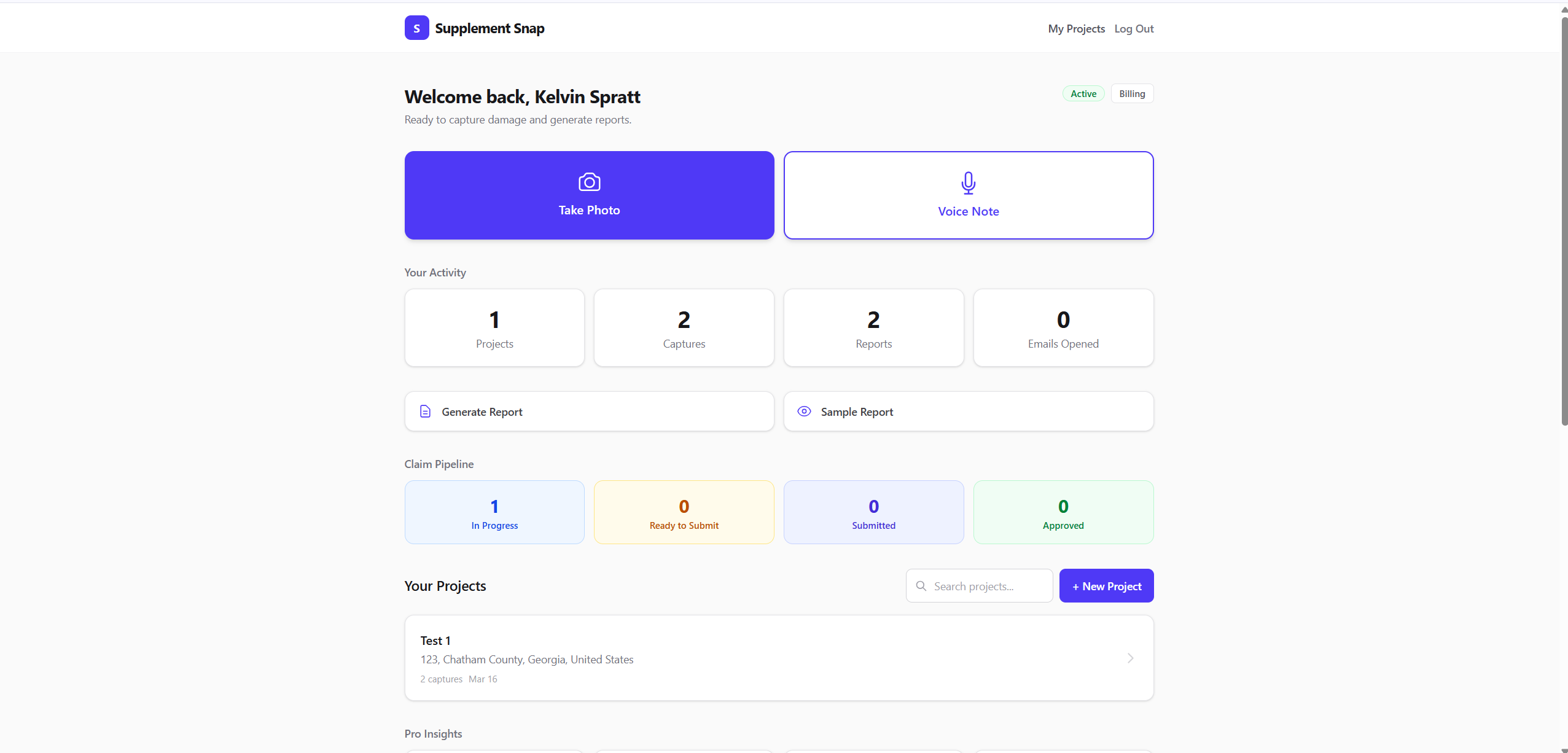 Supplement Snap dashboard showing roofing projects, capture counts, claim pipeline, and activity stats
