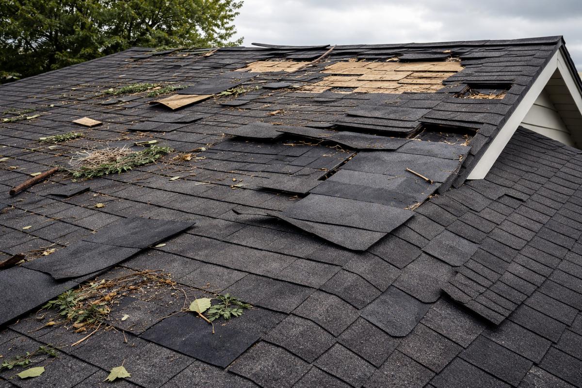 Roof with visible storm damage showing wind-lifted and missing shingles