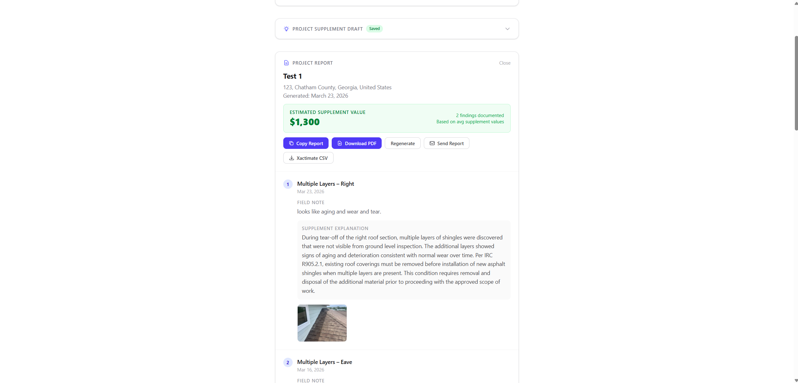 Supplement Snap project report showing $1,300 estimated supplement value with Xactimate line codes and CSV export option