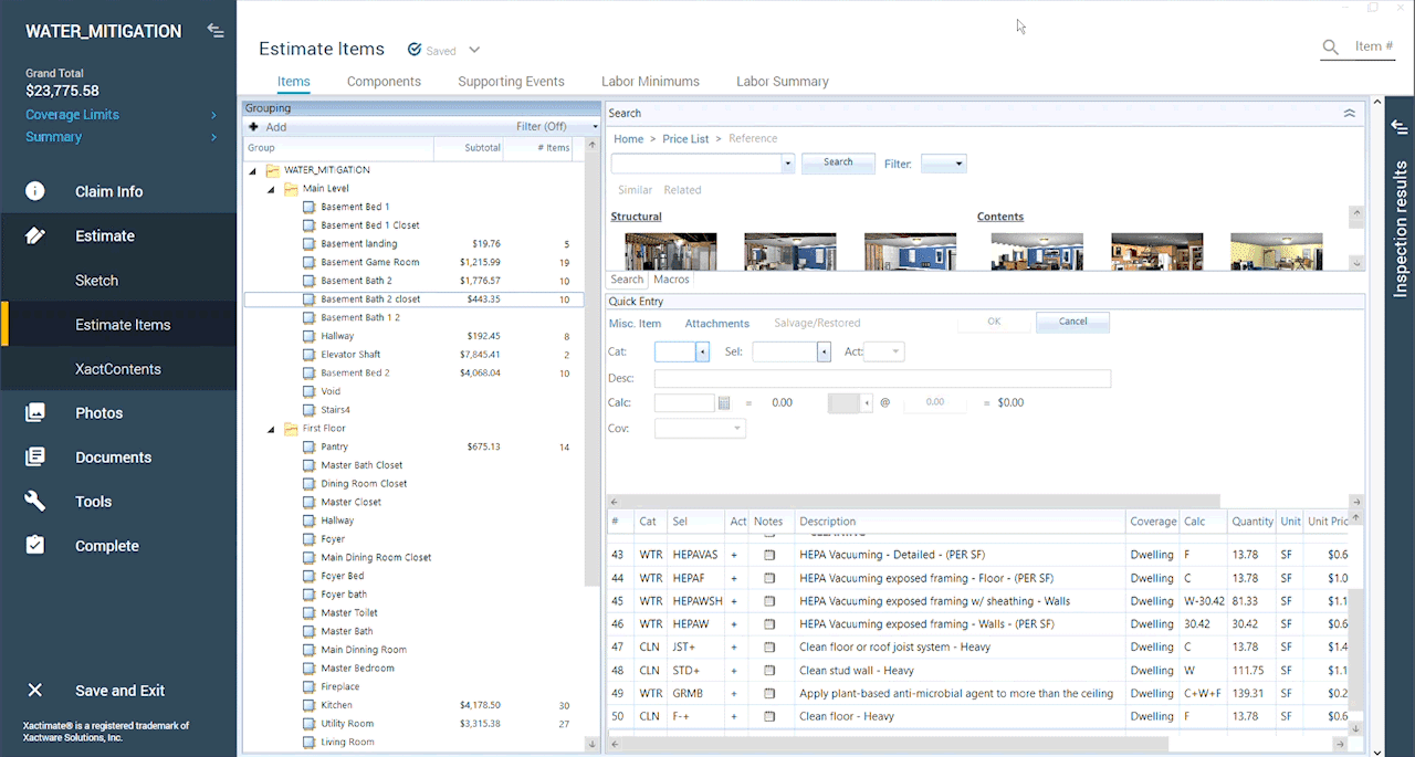 Xactimate roofing estimate software interface showing line codes and pricing for insurance claims